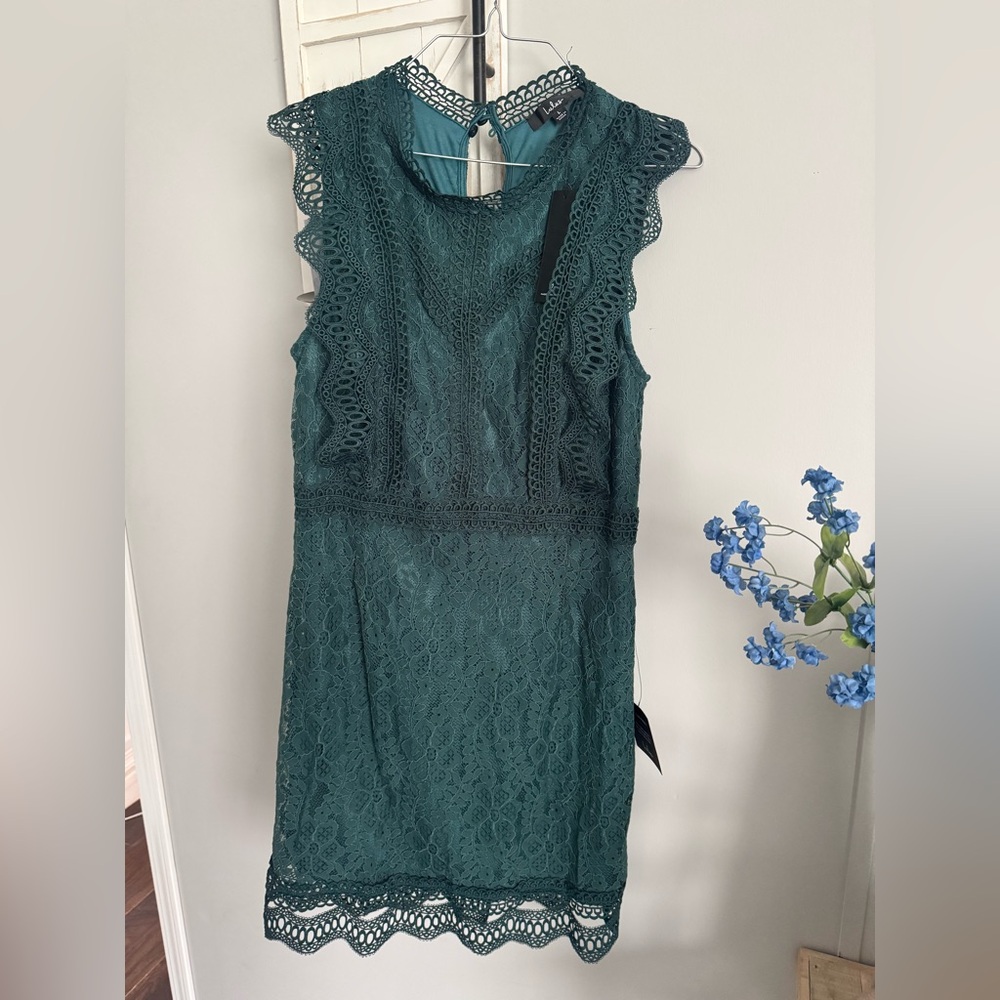 Lulu's Green Sheath Mini Dress with Mock Neck and Flutter Sleeves